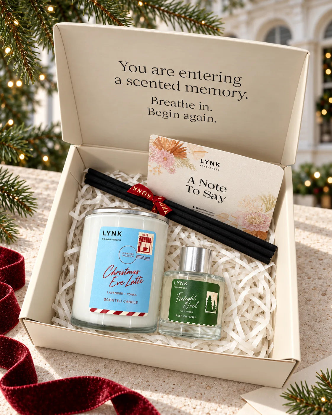 1 scented candle · 150g
1 reed diffuser · 50ml
1 ambience diffuser box
1 greeting card