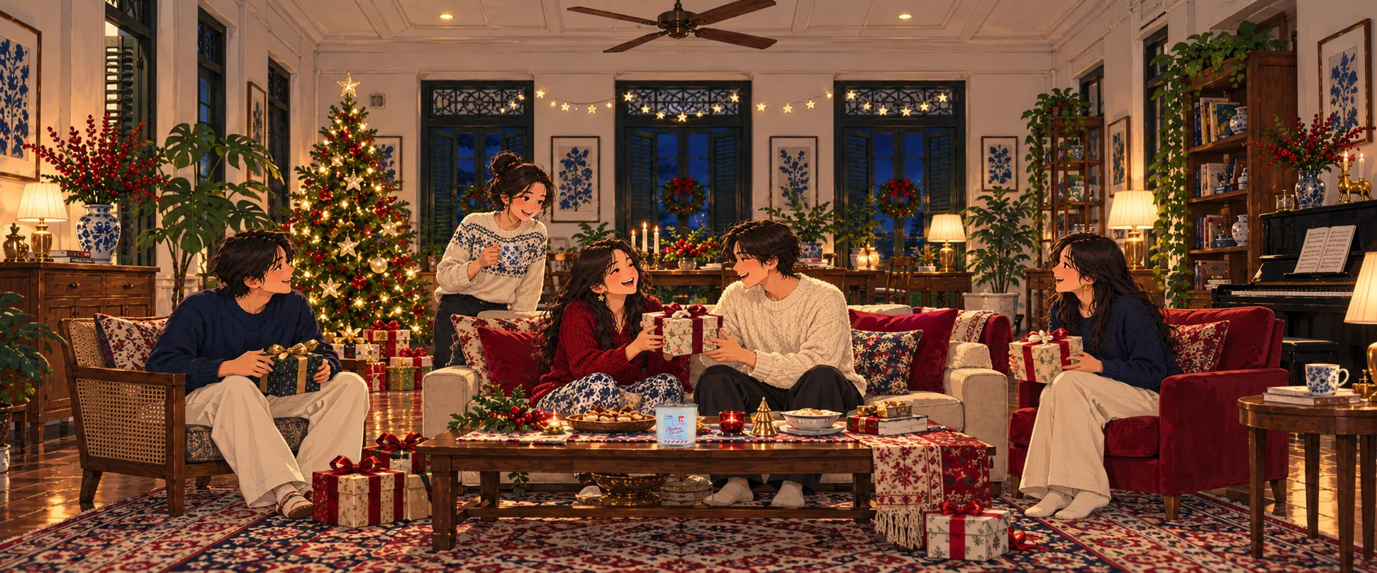 A group of friends celebrating Christmas together in their painted home.