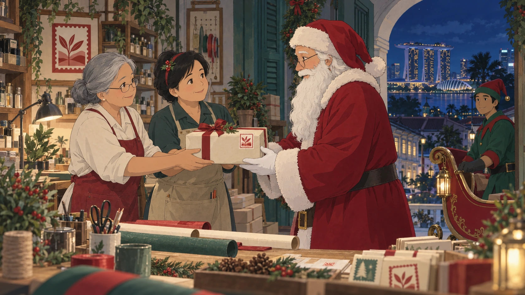 Painted scene from our fictional Christmas story: two aunties give a parcel to Santa, with Singapore beyond their workshop.
