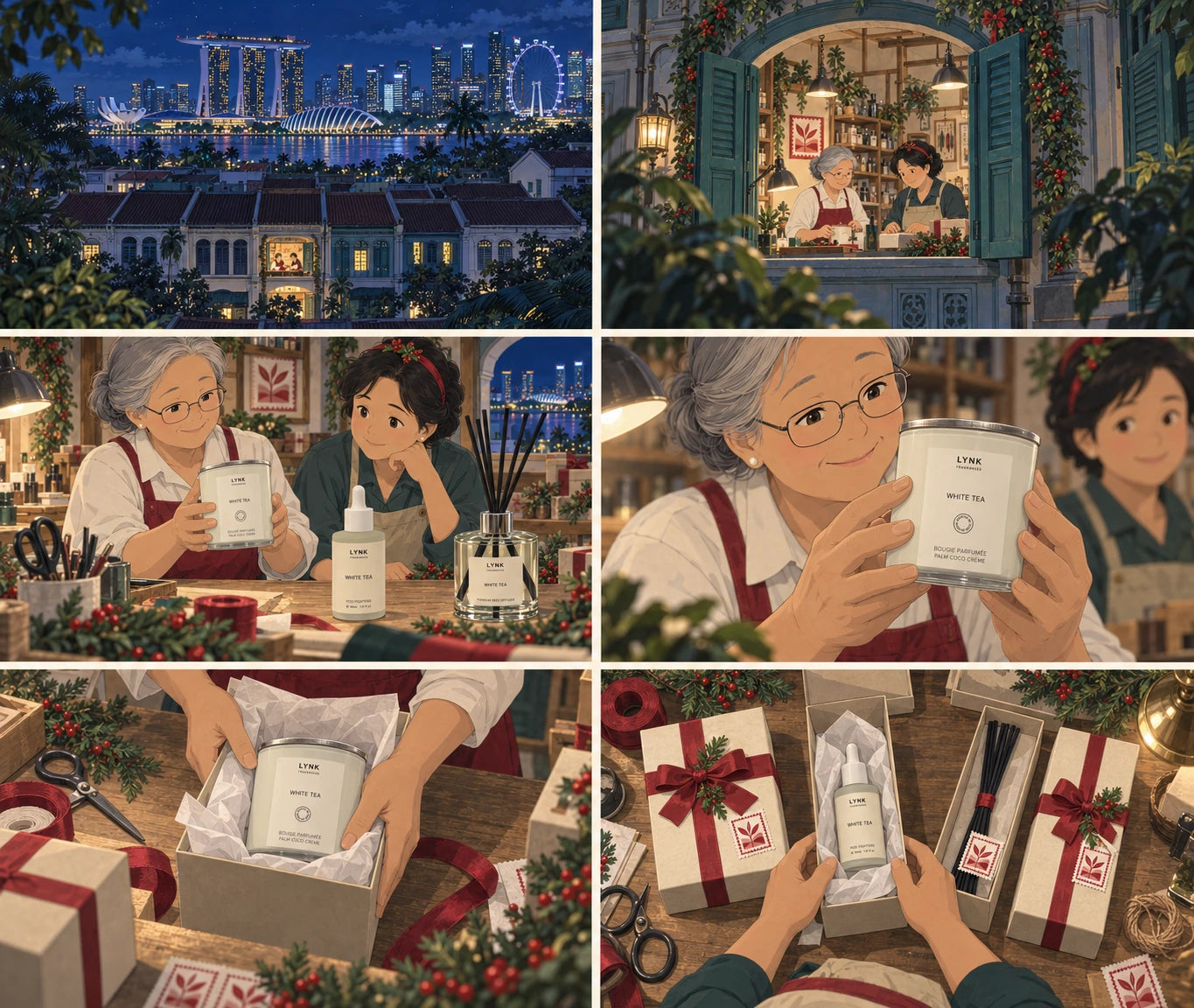 Painted storyboard showing Singapore and two fictional aunties preparing Christmas gifts.