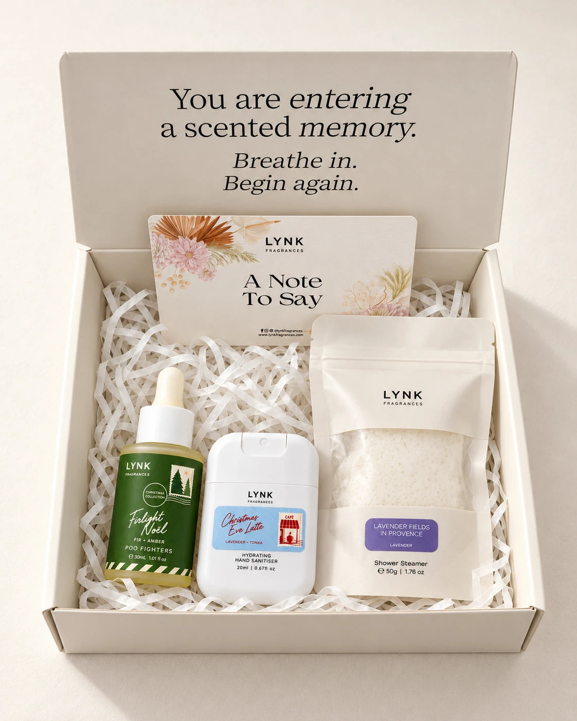1 hand sanitiser
1 Poo Fighter · 30ml
1 shower steamer · 50g
1 ambience diffuser box, packaging only
1 greeting card