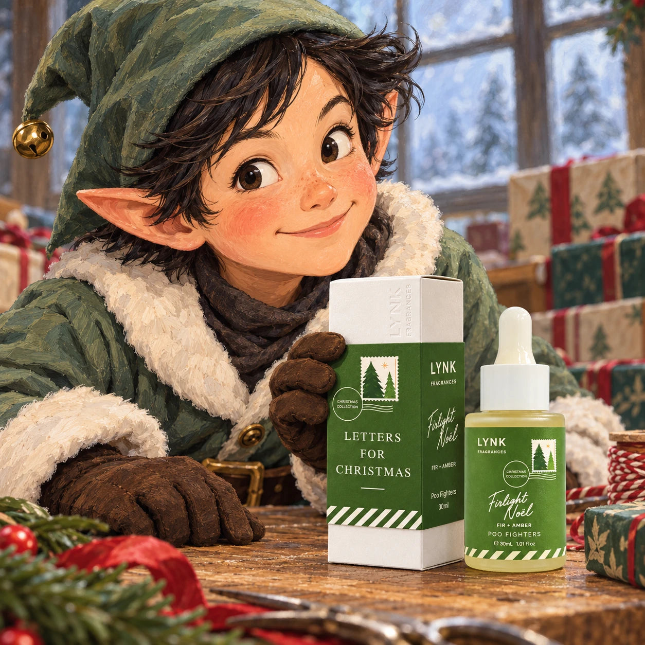The painted boy elf presents Firlight Noël Poo Fighters and its matching carton.