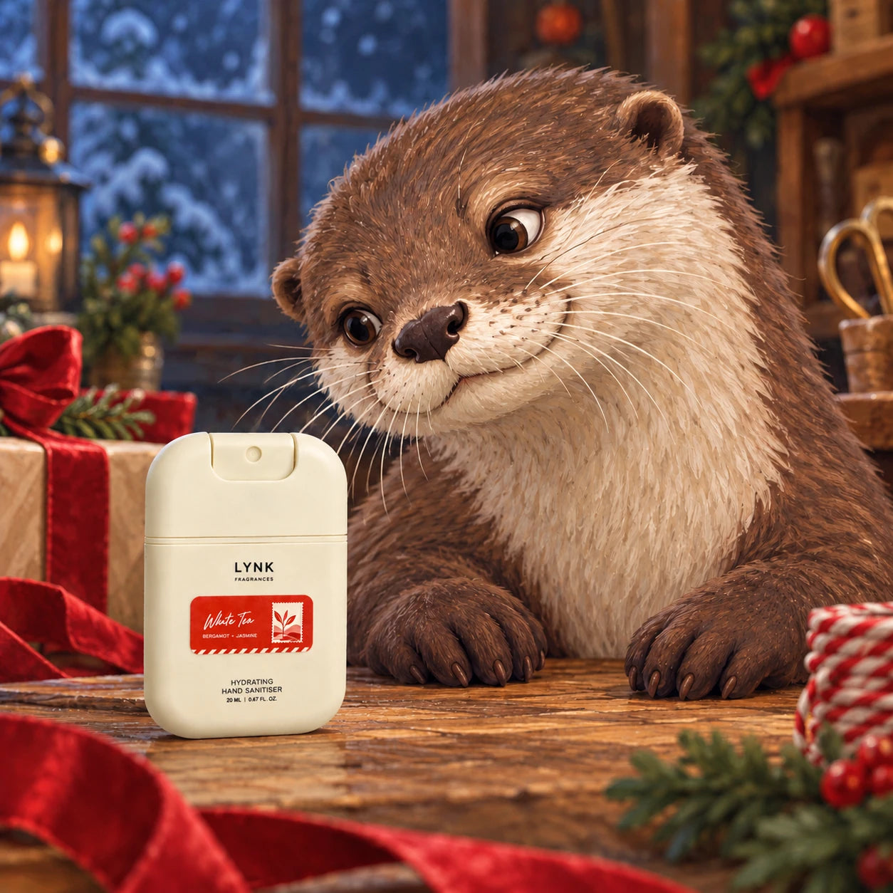 A painted otter with the White Tea pocket hand sanitiser in the workshop.