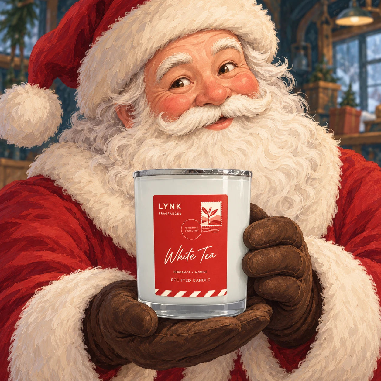 Painted Santa gently presenting the White Tea Christmas candle in the Lynk workshop.