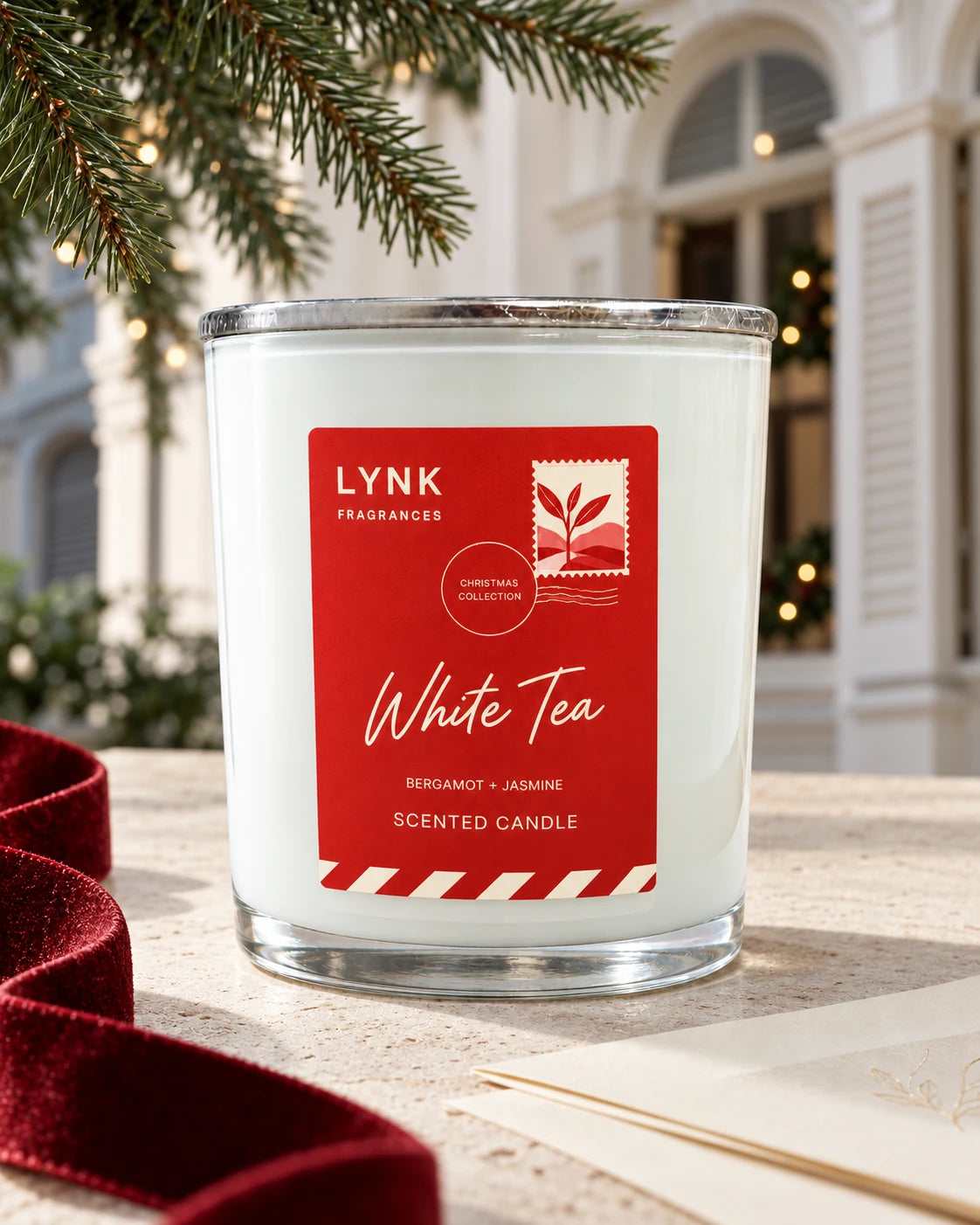 White Tea scented candle in a festive Christmas still life