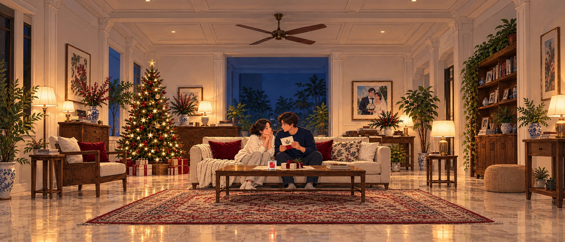 A newly married couple exchanging a Christmas gift in their painted home.